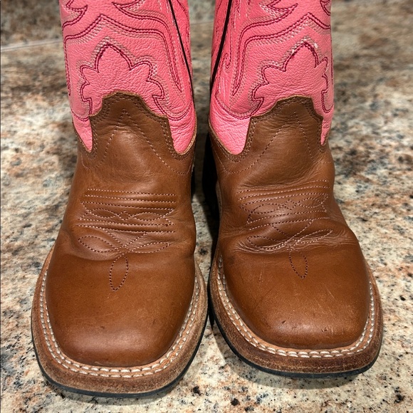 Old West Girls 10 Brown & Pink Leather Cowgirl Boots Square Toe Western - Picture 5 of 10